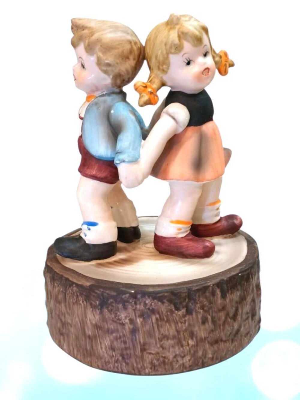 Vintage Flambro Hummel Like Porcelain Girl Boy Music Box Give A Dog A Bone 1970s